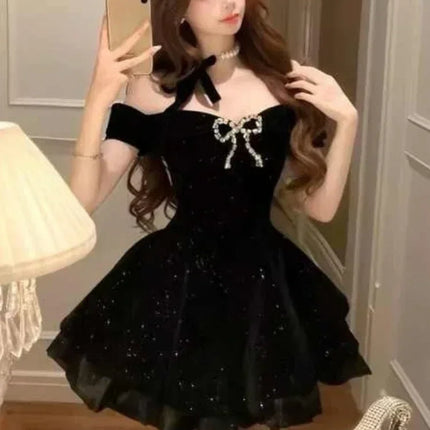 Black French Vintage Elegant Design Woman Dress Gothic Off Shoulder Retro Mini Dress Female Fairy Birthday Party Chic Outfits