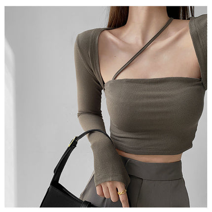 Cropped Tops Women Square Collar Slanted Shoulder Straps Halter Neck Long Sleeve T-shirt