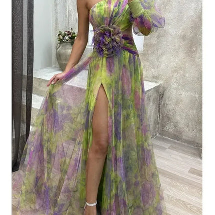 Elegant Oblique Shoulder Single-sleeve  Zipper High Slit Mesh Long Dress For Women Fashion Flower Decoration Party Dress Female