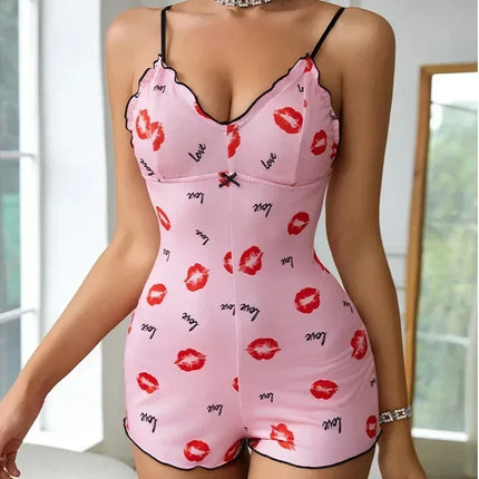Women's Pajamas One Piece Pajamas Red Lip Printed Sleeveless Pijama Short Onesie Adults V-Neck Suspenders Funny Pajamas Bodysuit