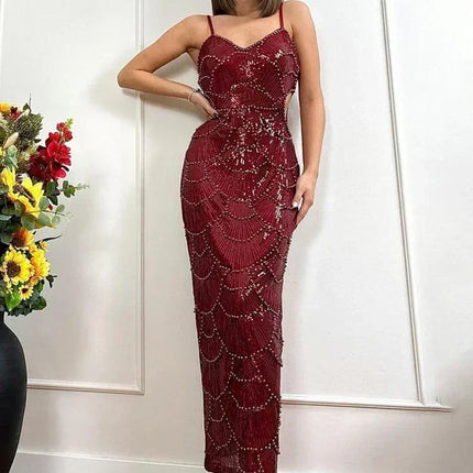 New Sequin Hollow Out Spaghetti Strap Backless Mermaid Long Dresses Women Elegant Celebrity Party Evening Wedding Bodycon Gowns