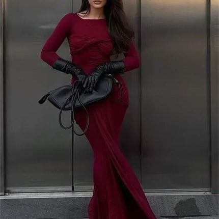 Tossy Female Pleated Sexy Maxi Dress Patchwork Twist Slim Long Sleeve Solid Y2k Autumn Streetwear Dress Women's Bodycon Dress