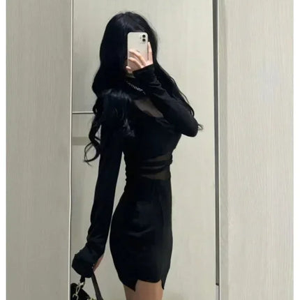 Pile Up Sleeves New Sexy Black Fishbone Dress Personalized Slim Women Dress Thin Gauze Perspective Wrap Around Buttocks  F8Q3