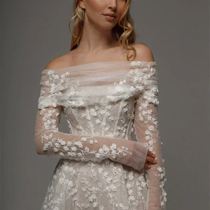 Kyoto Customized Lace Flowers Detachable Long Sleeves Wedding Dress Ankle-Length Glitter vestidos de novia A-Line Formal Gown
