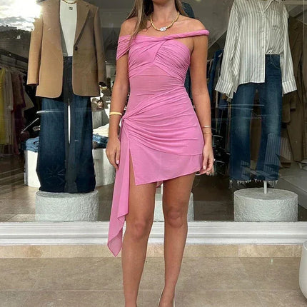 kliou Asymmetrical Slash Neck Women Mini Dress Solid Sexy Unique Mesh Pleated Ribbons Bodycon Mujer Concise Hipster Party Frock