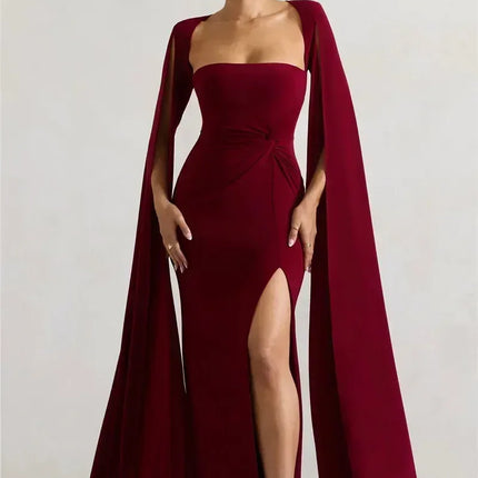 Mozision Long Cape Sleeve Split Maxi Dress For Women Gown Fashion Solid Square Collar Evening Sexy Long Dress Elegant New