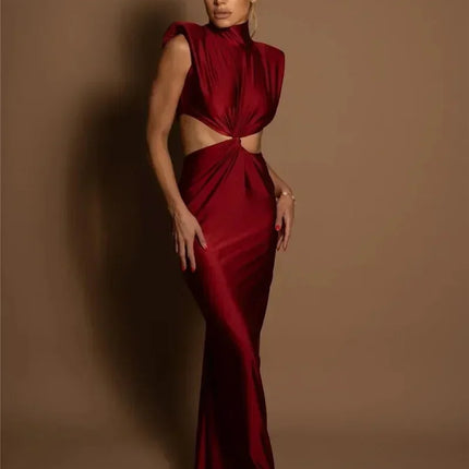 Mozision Hollow Out Turtleneck Sexy Maxi Dress For Women Fashion Solid Sleeveless Bodycon Tank Dresses Femme Club Party Dress