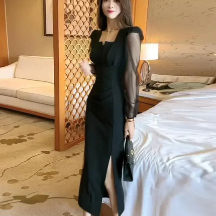 Gentle Temperament Slim Fit Dress with Women's Sleeves Square Neckline Pleated Solid Color Slimming Effect Medium Length Skirt