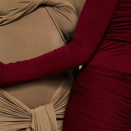 Tossy Female Pleated Sexy Maxi Dress Patchwork Twist Slim Long Sleeve Solid Y2k Autumn Streetwear Dress Women's Bodycon Dress