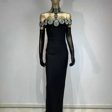 Summer Bandage Dress 2025 Women Celebrity Sexy Diamonds Crystal Black Maxi Long Bodycon Elegant Evening Club Party Dress