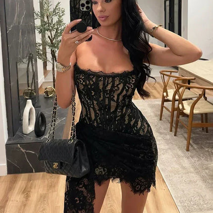 TARUXY Sexy Lace See-through Patchwork Corset Dress Female Bodycon Elegant Party MIrrgualr Mini Dress Women Tube Top Dress New
