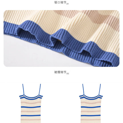 Sleeveless Slim fit Knitted Striped Mid Length Dresses