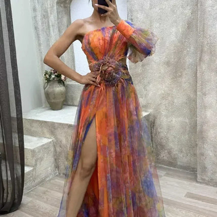 Elegant Oblique Shoulder Single-sleeve  Zipper High Slit Mesh Long Dress For Women Fashion Flower Decoration Party Dress Female