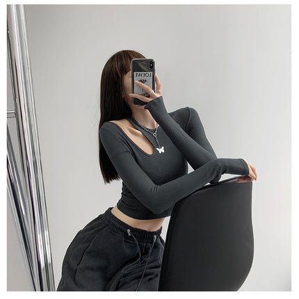 Hollow T-shirt Women Fashion Slim Y2K Cropped Tops Off Shoulder Long Sleeve Tees Woman