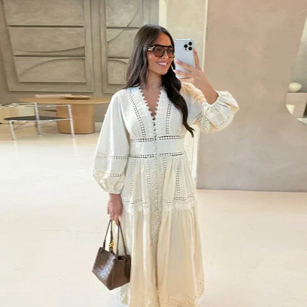 Elegant Lace Patchwork Hollow Out Dress Women Solid V-neck Long Lantern Sleeve Loose Dresses 2025 Spring Vacation Lady Robes