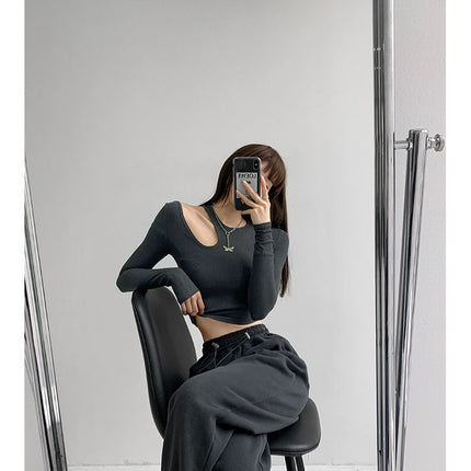 Hollow T-shirt Women Fashion Slim Y2K Cropped Tops Off Shoulder Long Sleeve Tees Woman