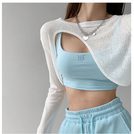 Hollow Smock T Shirt Women Summer Thin Irregular Long Sleeve Knitted
