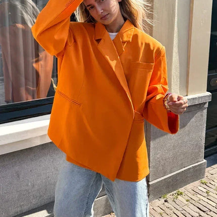 Women's V-Neck Side-Buttoned Suit Jacket Long Sleeve Solid Color Coats Pocket Cuffs Oversize Tops High Street Female Clothes