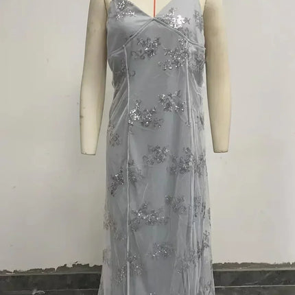 Women Dresses Sleeveless V Neck Pullover Sequins Party Dress Vestidos Formal Floor Length Sexy Wrap Breast Backless Slim