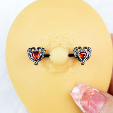 14G 9/16 Red CZ Gem Black Passion Heart Barbell Nipple Ring Set