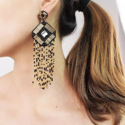 Black and Gold Tassel Drop Earrings