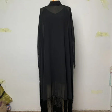 Yeezzi 2025 New Spring Fashion See-Through Tassel Party Dresses Women Batwing Sleeves Solid Color High-Neck Two Piece Set Dress