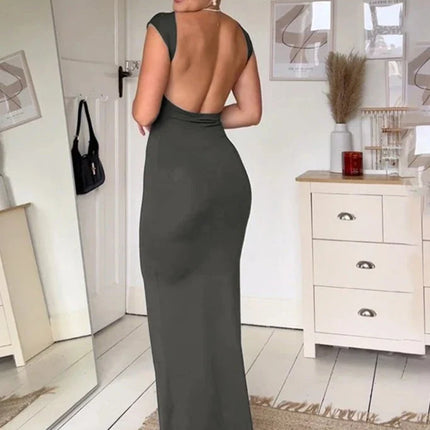 Elegant Short Sleeve Bodycon Maxi Dress O-neck Backless Lady Dresses