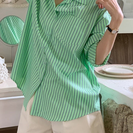 Spring Autumn Striped Blouses Long Sleeve Single-breasted Pocket Women Shirts Tops