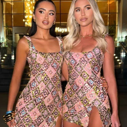 Colorful Rhombus Sequins Sexy Mini Dress Elegant Chic Straps Slit Bodycon Party Dresses Summer Holidays Evening Women Dress 2025