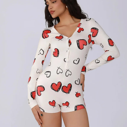 Ladies one-piece bodysuit sexy hot girl pajamas heart digital print short-sleeved set shorts home wear