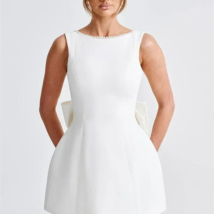 Mozision Pearl Bow Backless Sexy Mini Dress For Women Robe Fashion Zipper Sleeveless High Waist A-line Club Party Dress Elegant