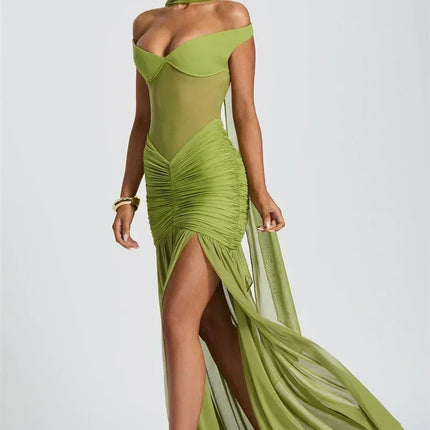 Mozision Off-shoulder Backless Sexy Maxi Dress Women Gown Halter Sleeveless Backless Thigh High Split Club Party Long Dress