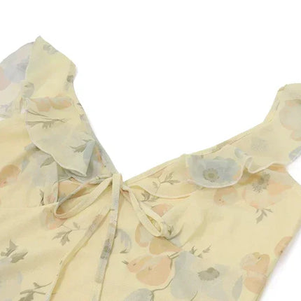 Yellow Floral Maxi Dress | Retro V-Neck Summer Party Gown -femstylo