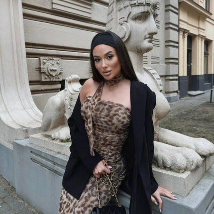 Leopard Print Wrapped Suit Backless Sleeveless Tops Skirts