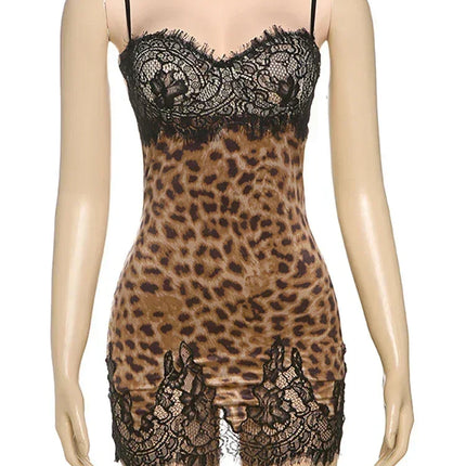 JULISSA MO Patchwork Printed Leopard Lace Women Mini Dress Spaghetti Strap High Waist Dress Summer Slim Elegant Party Club Dress