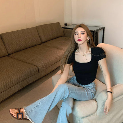 Pure Color Slim Short Sleeve Tees Women 2022 Summer Y2k Crop Fashion Sexy Blouse