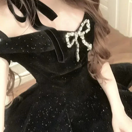 Black French Vintage Elegant Design Woman Dress Gothic Off Shoulder Retro Mini Dress Female Fairy Birthday Party Chic Outfits