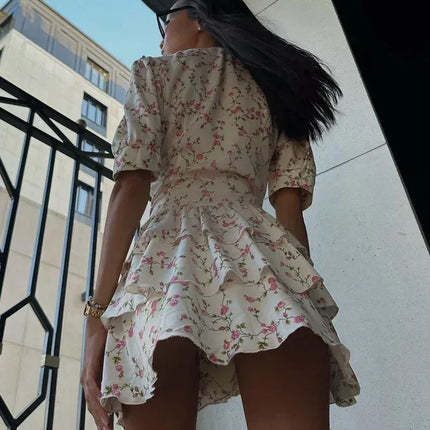 Clacive Summer Slim Print Women's Dress 2024 Sexy V-Neck Short Sleeve Mini Dresses Elegant High Waist Pleated Female Dress