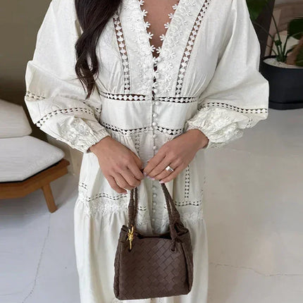 Elegant Lace Patchwork Hollow Out Dress Women Solid V-neck Long Lantern Sleeve Loose Dresses 2025 Spring Vacation Lady Robes