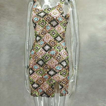 Colorful Rhombus Sequins Sexy Mini Dress Elegant Chic Straps Slit Bodycon Party Dresses Summer Holidays Evening Women Dress 2025