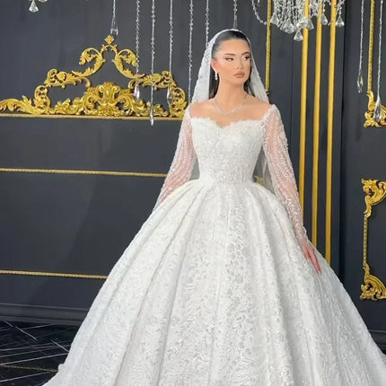 Noble Long Sleeve Beaded Wedding Dress | Ball Gown -femstylo