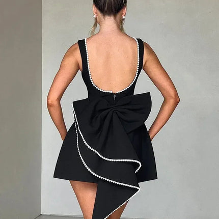 Mozision Pearl Bow Backless Sexy Mini Dress For Women Robe Fashion Zipper Sleeveless High Waist A-line Club Party Dress Elegant