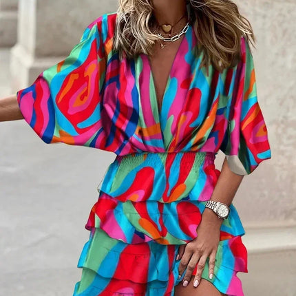 Women Fall V-Neck Loose Batwing Hafl Sleeve Print Dress Fashion Elegant Lace-up Ruffle Beach Mini Dresses Casual Streetwear 2024