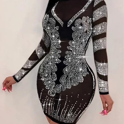 Women Sexy Solid Color Sheer Mesh Rhinestone Design Bodycon Nightclub Party Dress