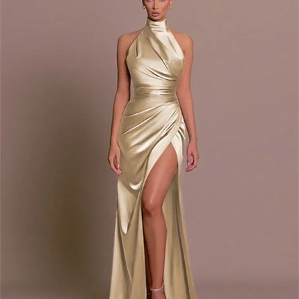 Ladies Summer Satin Evening Birthday Party Dresses Women Sleeveless Backless Halter Side Slit Elegant Long Dress Mowan Clothes