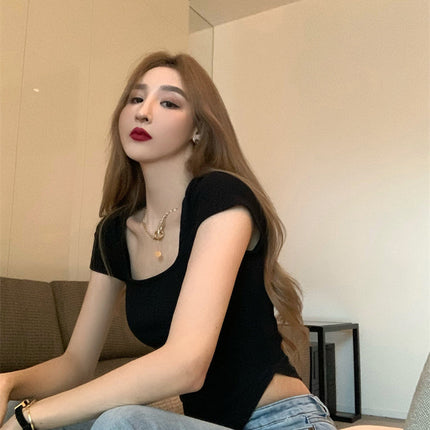 Pure Color Slim Short Sleeve Tees Women 2022 Summer Y2k Crop Fashion Sexy Blouse