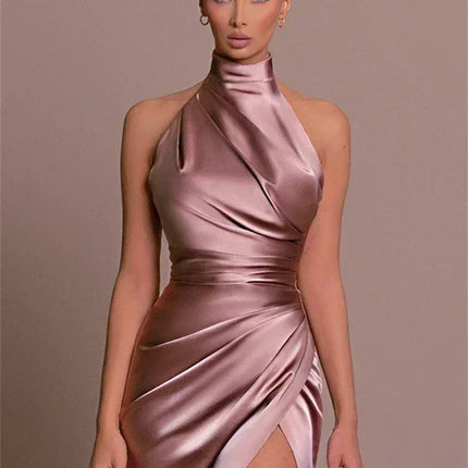 Ladies Summer Satin Evening Birthday Party Dresses Women Sleeveless Backless Halter Side Slit Elegant Long Dress Mowan Clothes