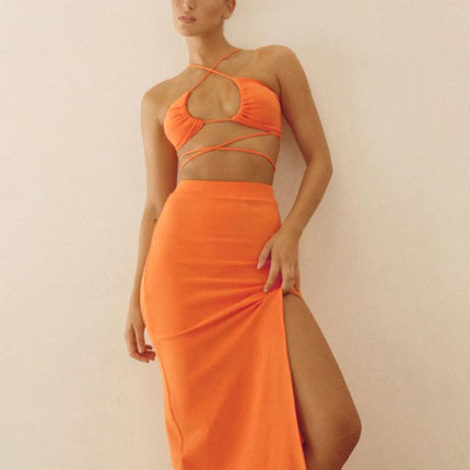 Cryptographic Bandage Cut Out Sexy Halter Neck Top and Skirts Set Gathered Elegant