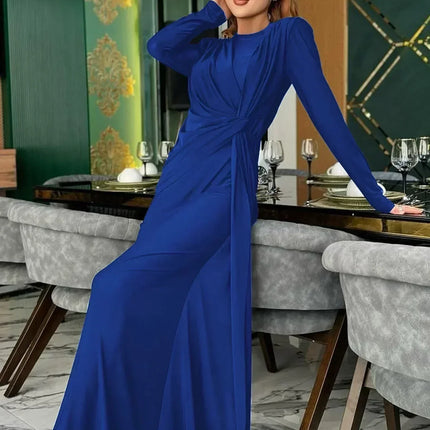 Dulzura Long Sleeves Shoulder Pad Ruched Maxi Dress Solid Elegant Prom Evening Party Long Dress Women’S Autumn Winter Outfit