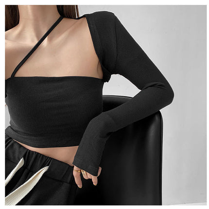 Cropped Tops Women Square Collar Slanted Shoulder Straps Halter Neck Long Sleeve T-shirt